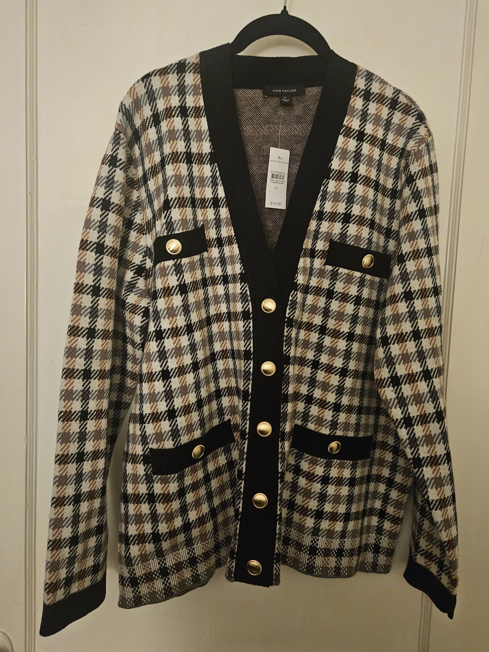NWT- Ann Taylor Black Trim Plaid Button-Front Cardigan - Black, Cream, Brown